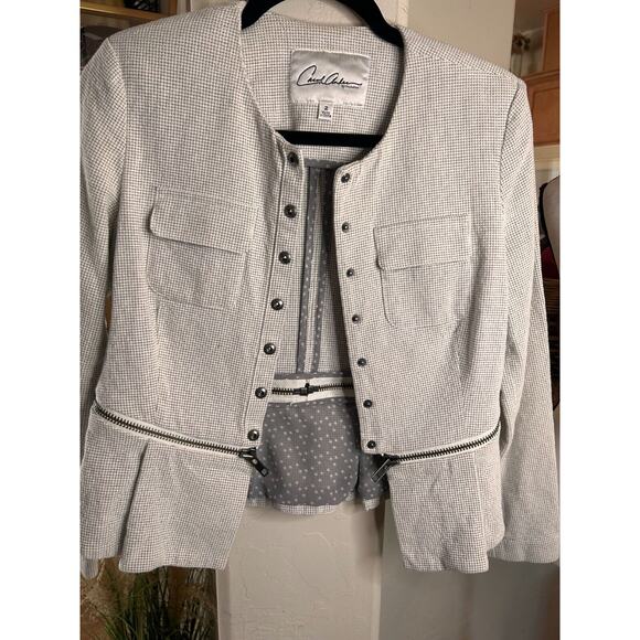 CAbi Zip Line Peplum Blazer Jacket White Black Grid Womens Sz 2 Snap Close - Picture 4 of 11